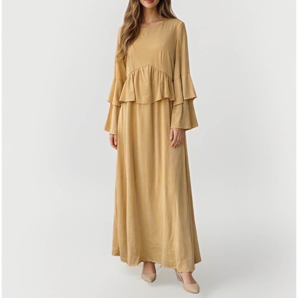 Veiled Collection Peplum Mustard Yellow Ruffle Bell Sleeve Maxi Dress Sz S Boho